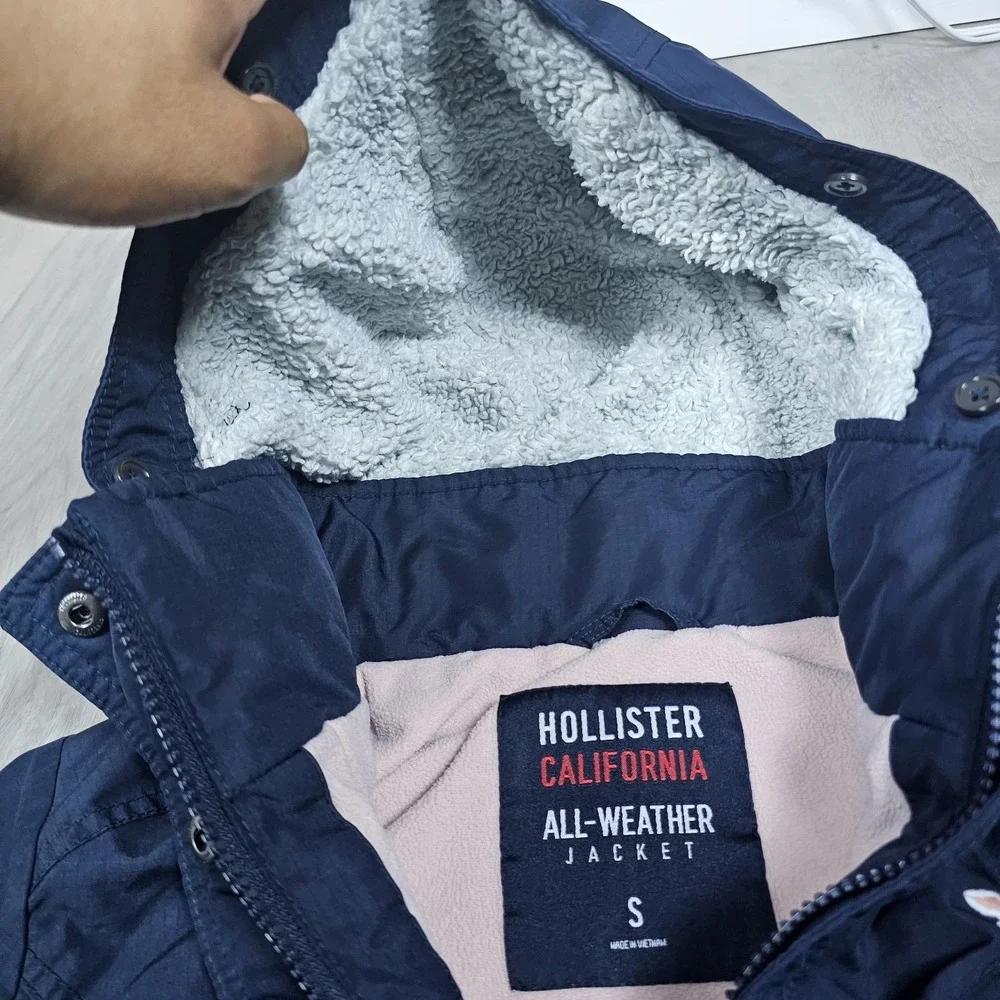 Hollister California All Weather Jacket Womens Small Blue Full Zip Sherpa Hoodie